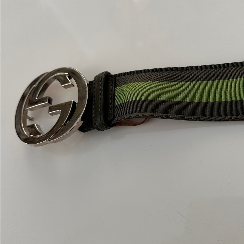Authentic Gucci Green Canvas & Leather Belt with  Silver GG Buckle - Picture 8 of 11